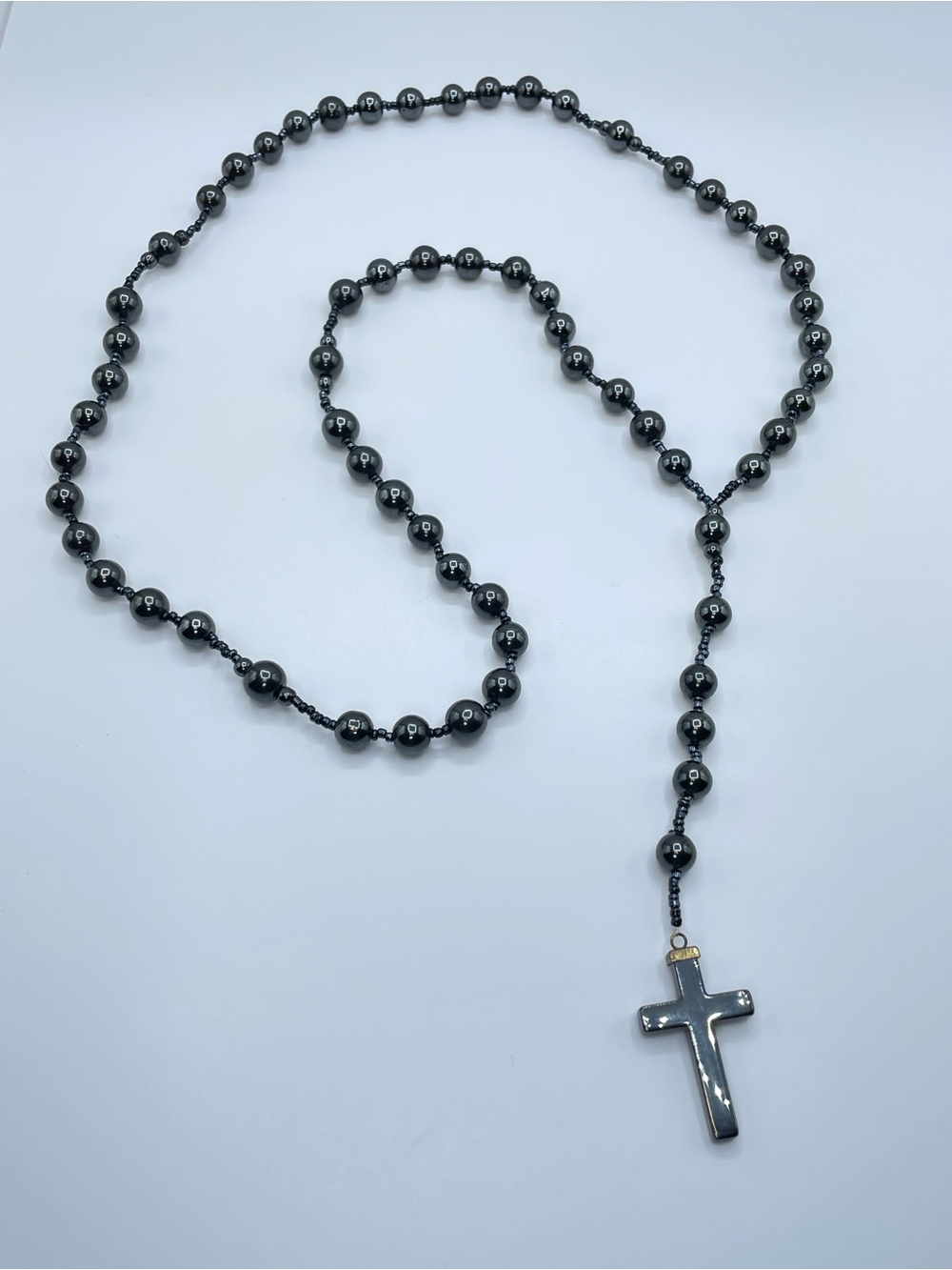 Long Hematite Beaded Rosary Style Cross Necklace Gunmetal Black